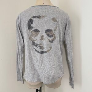 Zadig & Voltaire Small Gray Skull Long Sleeve Henley Top Tee ~ Rhinestone Rock